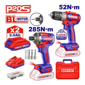 Combo de herramientas inalámbricas EMTOP 20V con taladro y atornillador de impacto motor brushless y maletín.