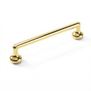 Tirador de mueble lineal en acabado bronce brillante modelo Huaraz con bases redondeadas.