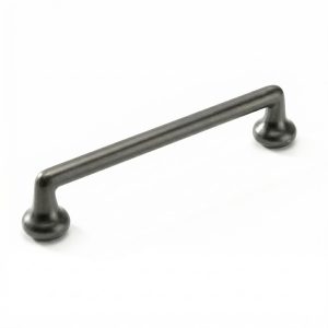 Tirador de mueble lineal en acabado negro mate modelo Huaraz con bases redondeadas de seguridad.